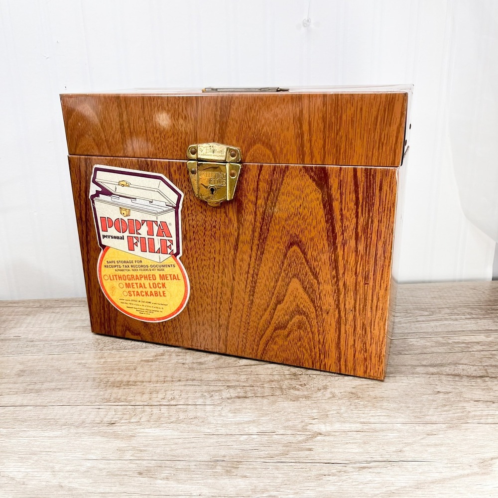 Vintage Ballonoff Porta File 1612 Metal Storage‎ Box Case Wood Grain No Key